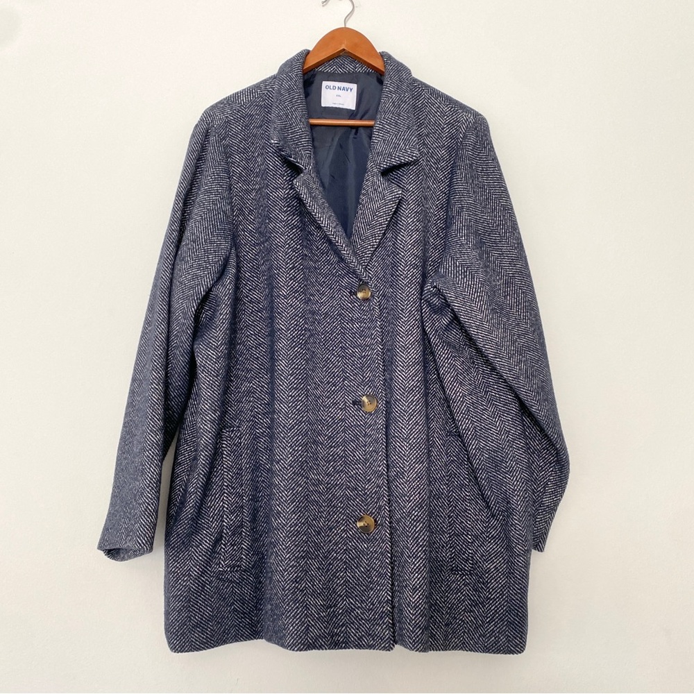 Old Navy Herringbone Coat Blue White Pattern XXL Wool Blend Button Front Jacket